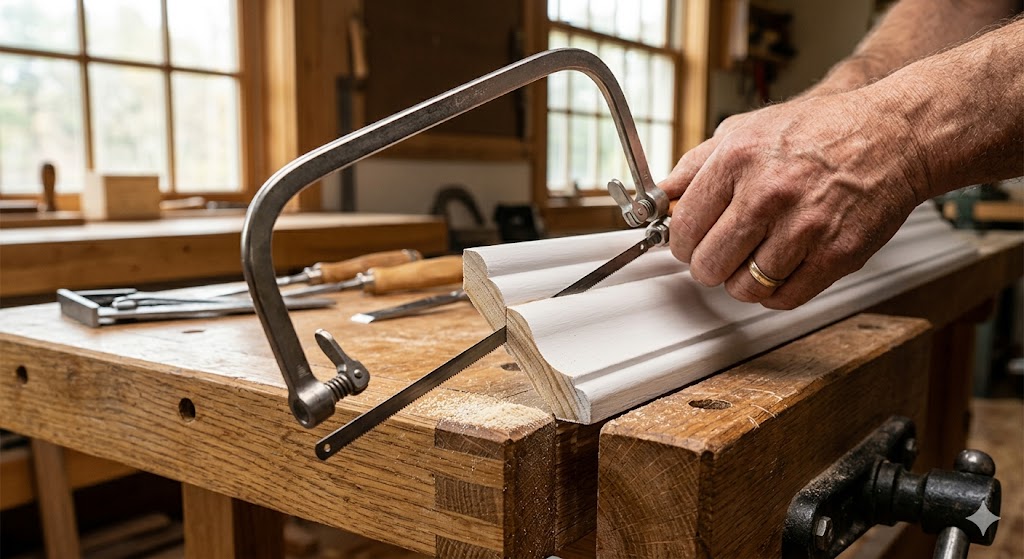 Coping saw cutting baseboard molding during trim installation