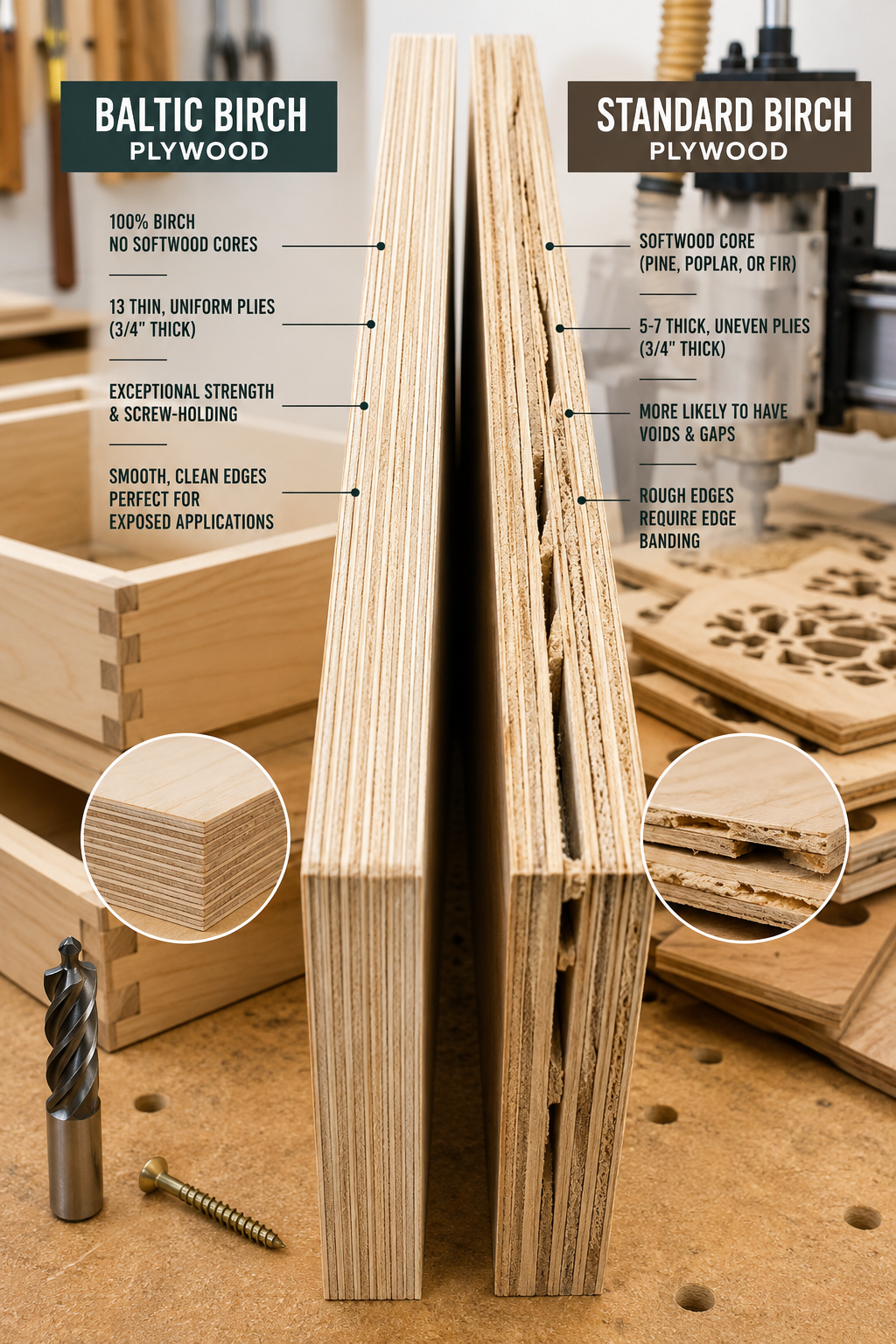 Baltic Birch plywood compared with standard birch plywood showing edge plies, voids, and construction differences