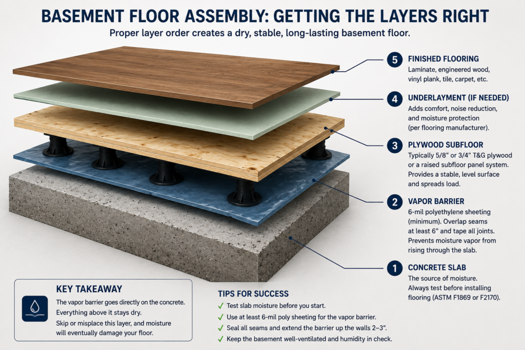 Basement floor assembly showing vapor barrier subfloor and finished flooring layers