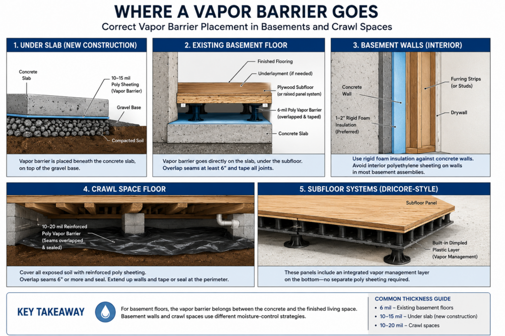 Diagram showing correct vapor barrier placement in basement floors walls and crawl spaces