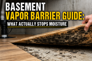 Black mold growing beneath plywood subfloor panels caused by missing basement vapor barrier over a concrete slab