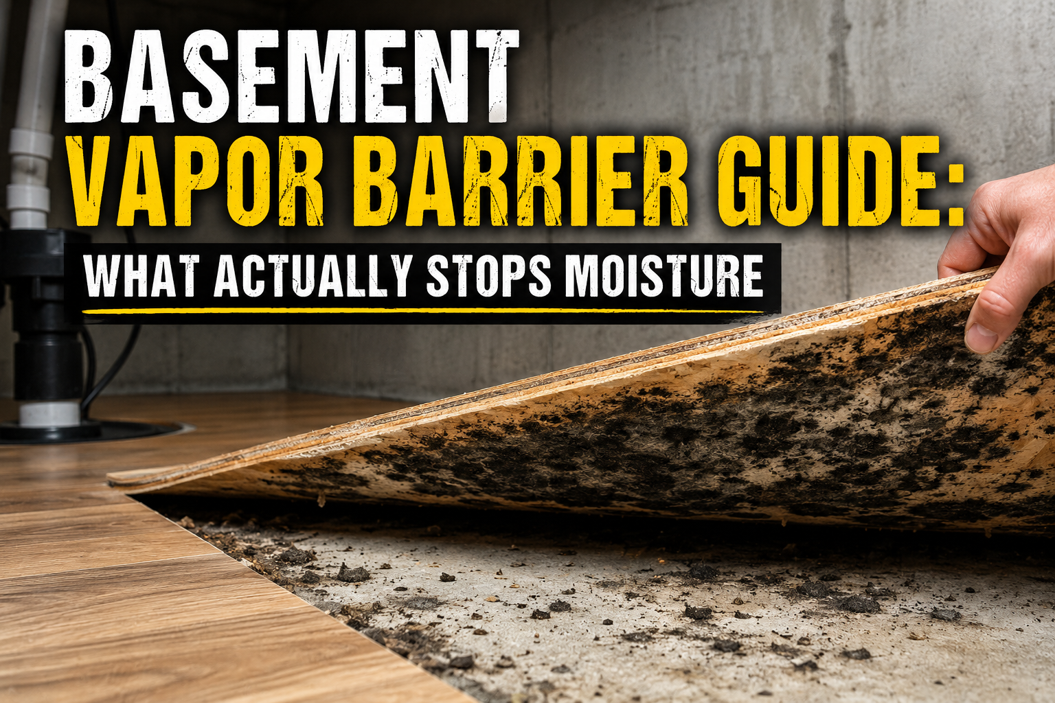 Black mold growing beneath plywood subfloor panels caused by missing basement vapor barrier over a concrete slab