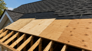 Best plywood thickness for roofing showing roof sheathing installed over rafters with asphalt shingles and underlayment