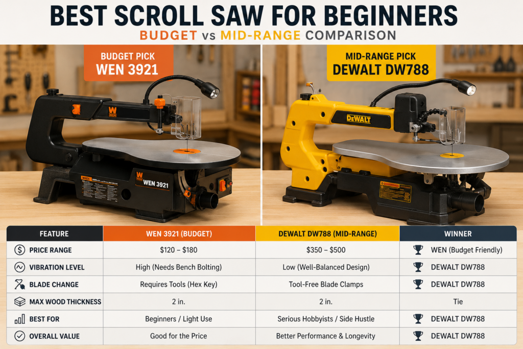 Budget and mid-range scroll saws compared for beginner woodworkers