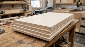 Stack of Blondewood plywood sheets showing smooth light-colored veneer and plywood edge construction.