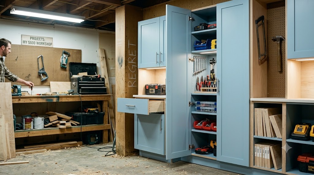 Custom painted garage cabinets built from Blondewood plywood in a workshop.