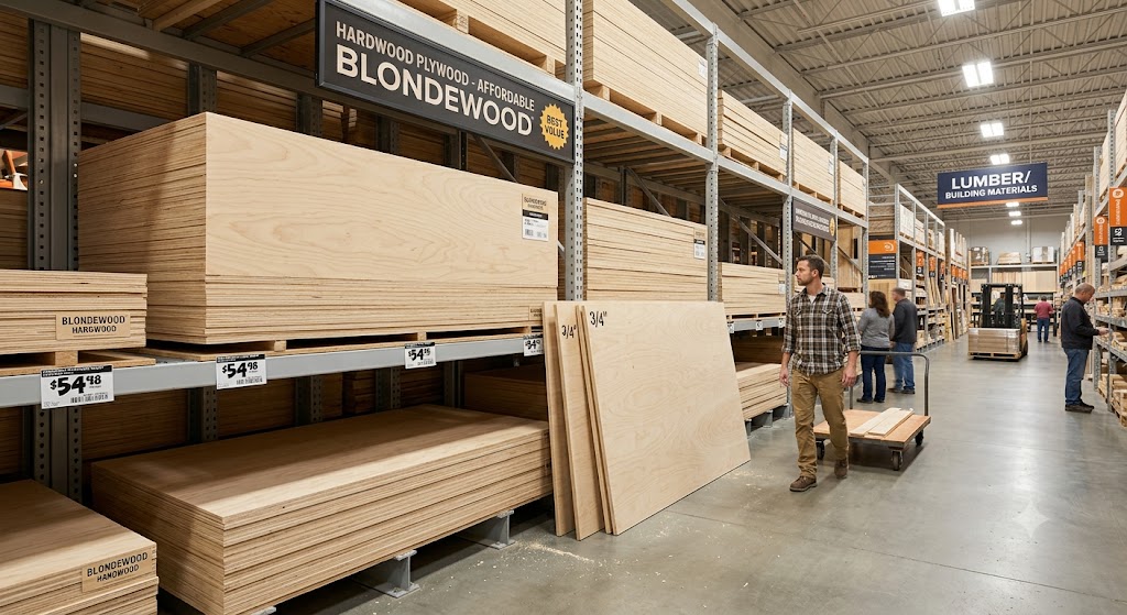 Blondewood plywood sheets stacked in a home improvement store lumber aisle.