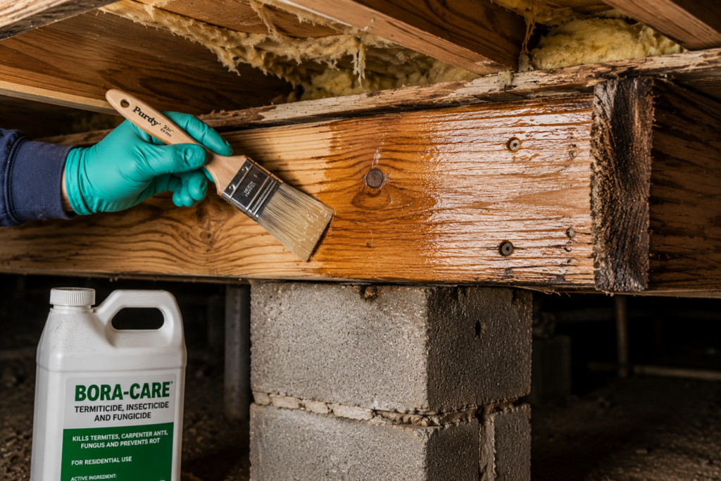 Applying borate wood preservative onto cleaned rim joist after damaged wood removal, close up repair photography