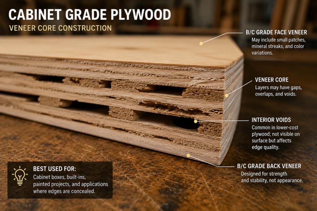 Cabinet grade plywood showing veneer core and interior voids