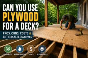 marine grade plywood subfloor being installed on a covered outdoor deck before waterproof membrane application