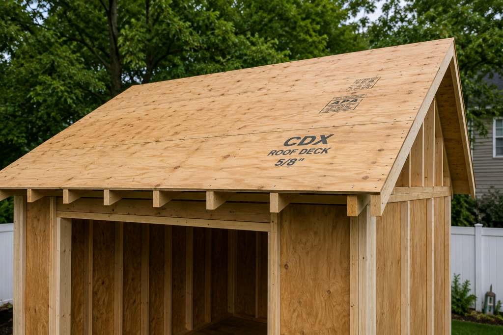 cdx plywood roof decking installed on shed rafters