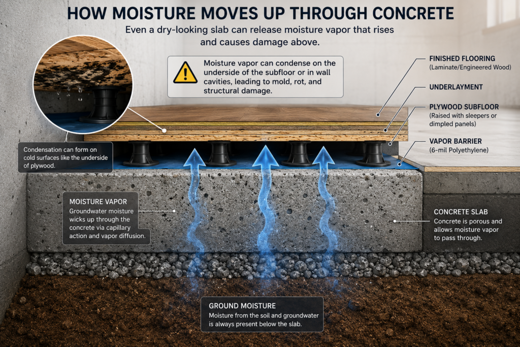 Moisture vapor moving upward through a concrete basement slab into flooring material