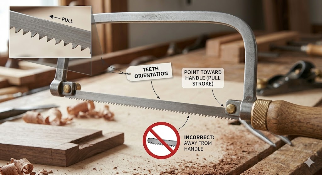 Correct coping saw blade direction with teeth pointing toward the handle