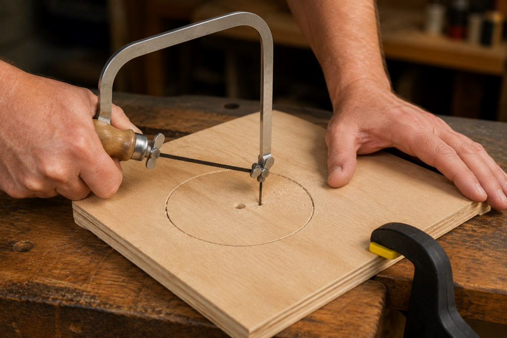 Coping saw making an interior circular cut in plywood