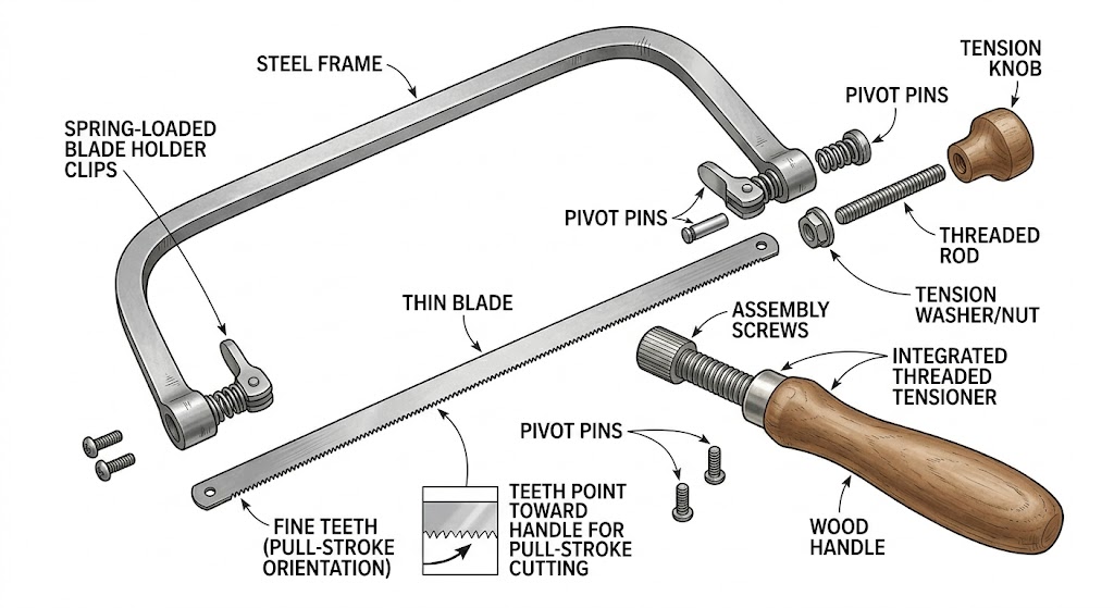 Parts of a coping saw showing frame, handle, blade, and tension mechanism