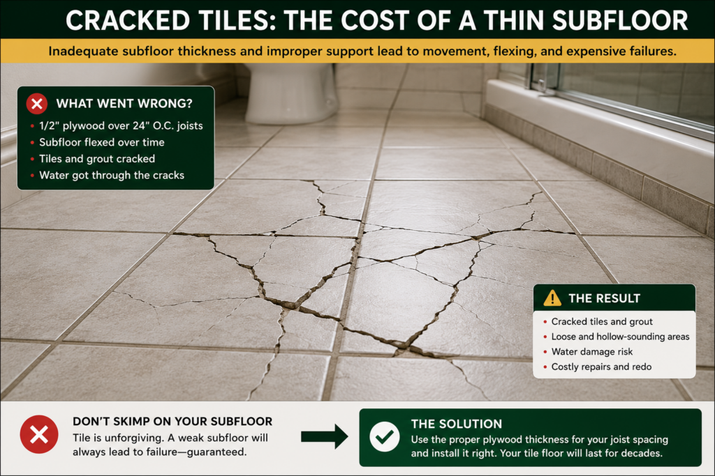 Cracked bathroom floor tiles caused by inadequate subfloor thickness