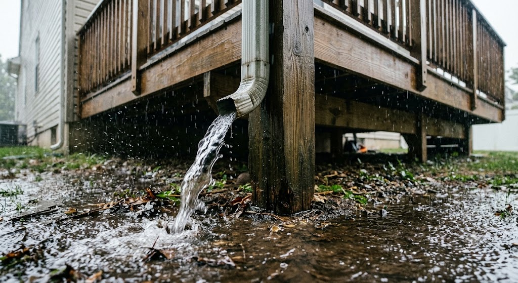 gutter downspout draining water near wooden porch post