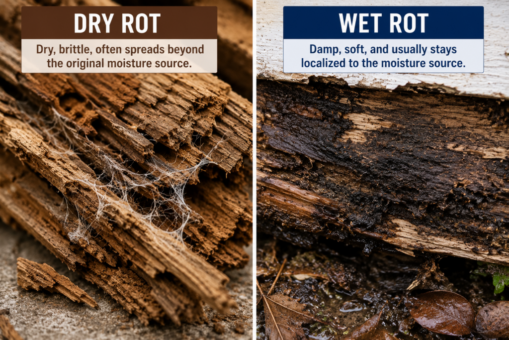 Side-by-side comparison of dry rot and wet rot in wood