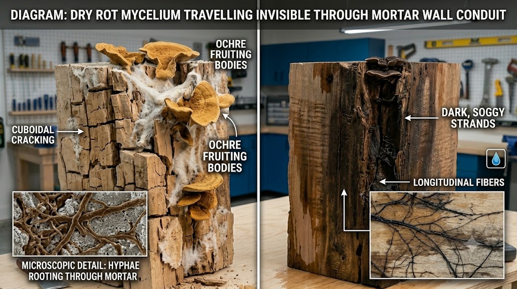 Side-by-side close-up of dry rot and wet rot in wood, showing cuboidal brown cracking typical of dry rot on the left and dark, water-soaked fibrous wood with stringy strands typical of wet rot on the right.