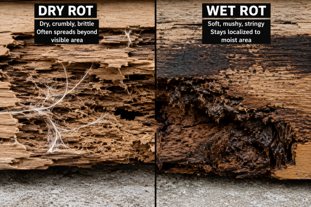 Dry rot and wet rot damage shown side by side on wood