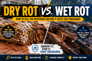 Dry rot vs wet rot comparison showing fungal growth on wood, cuboidal cracking, and water-damaged timber side by side.