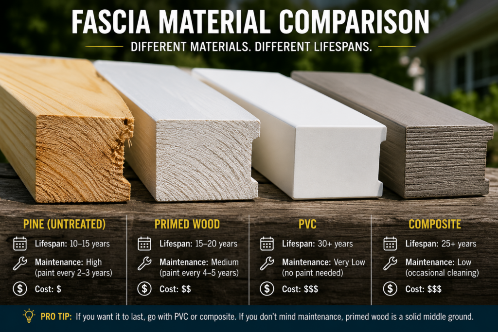 Comparison of pine primed wood PVC and composite fascia materials