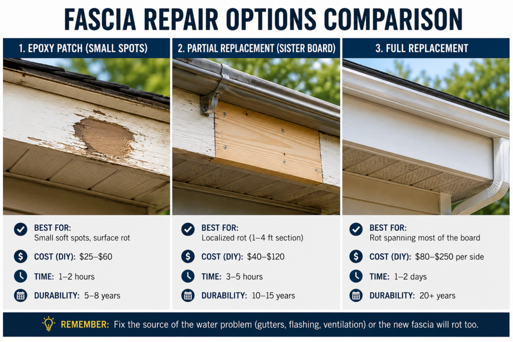 Comparison of epoxy patch partial replacement and full fascia board replacement options