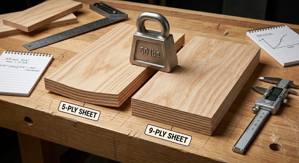 Five ply and nine ply plywood sheets tested for shelf stiffness