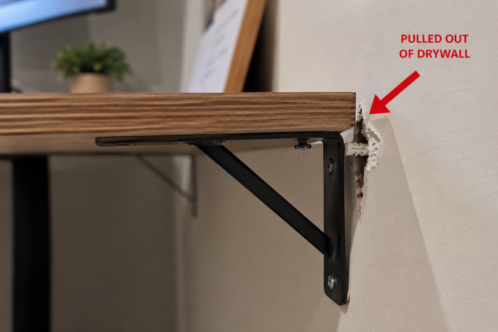 Floating desk bracket pulling out of drywall after missing wall studs generate image