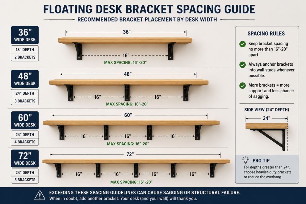 Recommended floating desk bracket spacing based on desk width