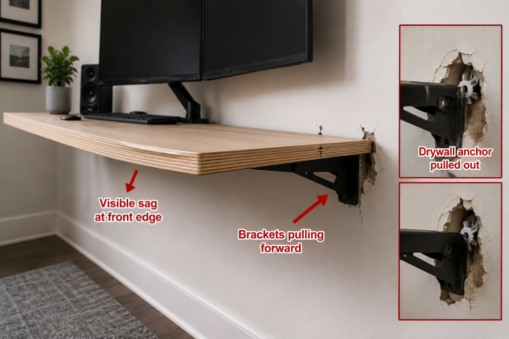 Floating desk brackets pulling away from drywall after installation without stud mounting