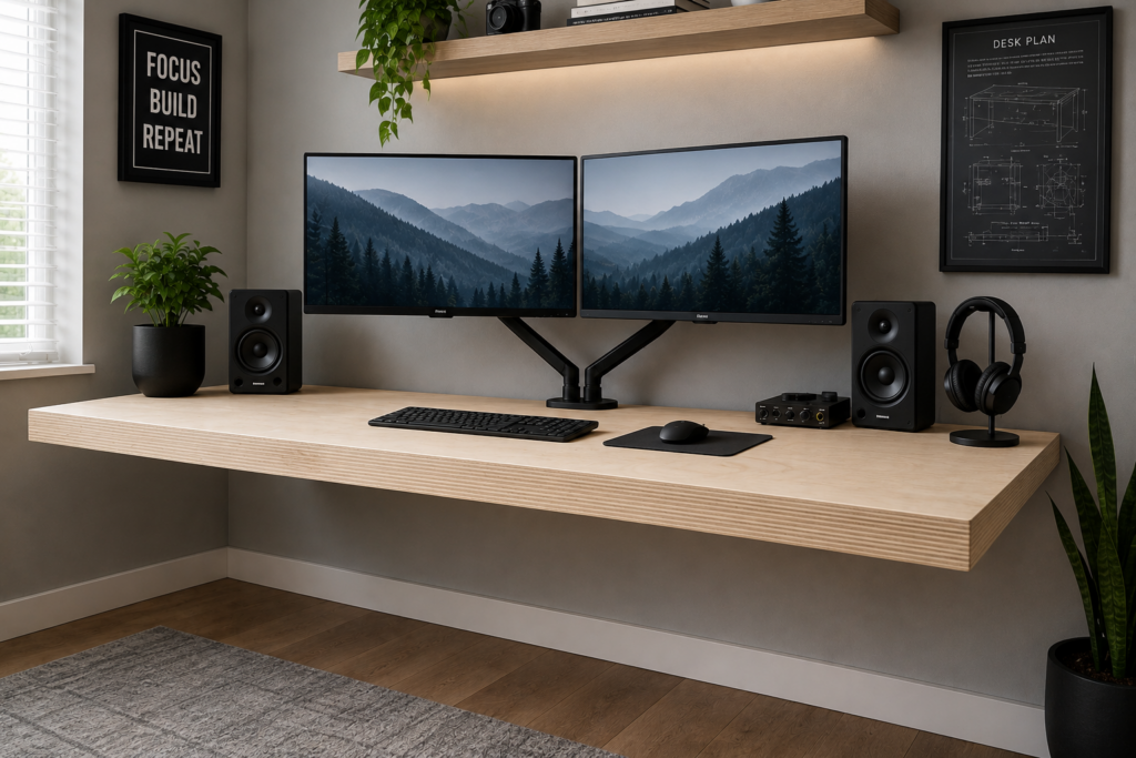 Floating desk built from Baltic birch plywood supporting dual monitors and office equipment without sagging