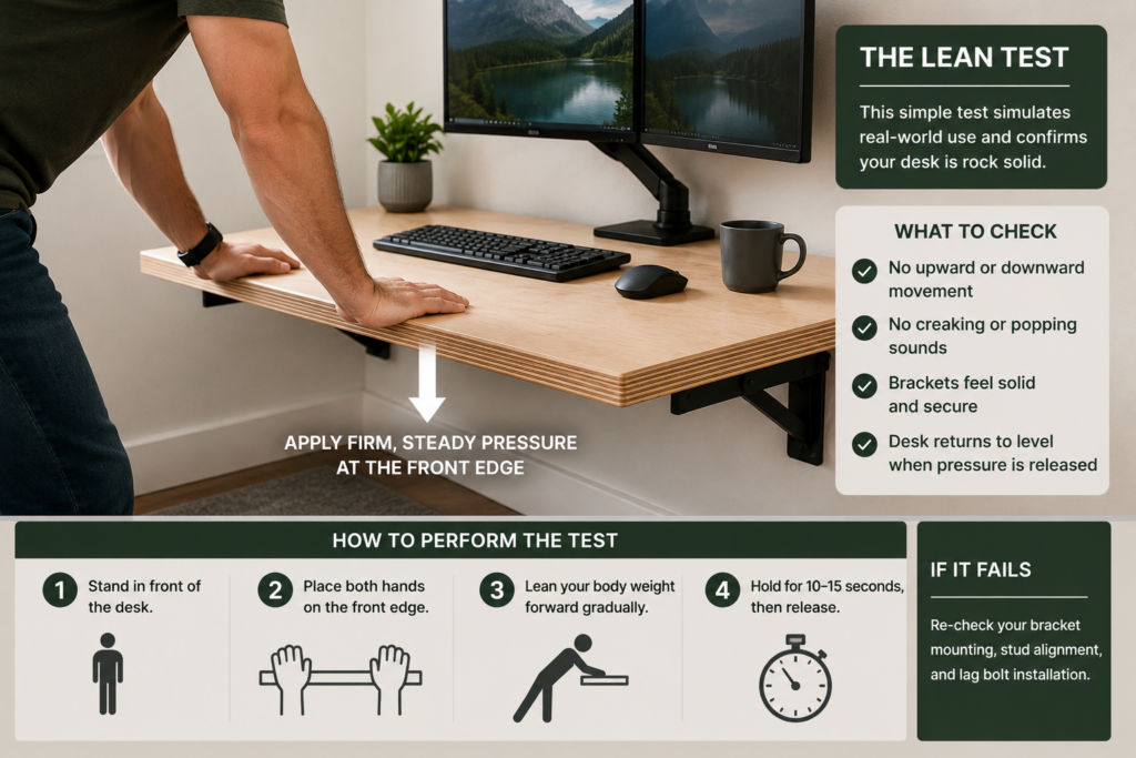Person pressing down on front edge of floating desk to test bracket strength and rigidity