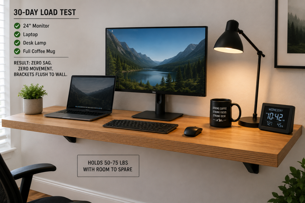 Floating desk supporting monitor laptop and office equipment without sagging