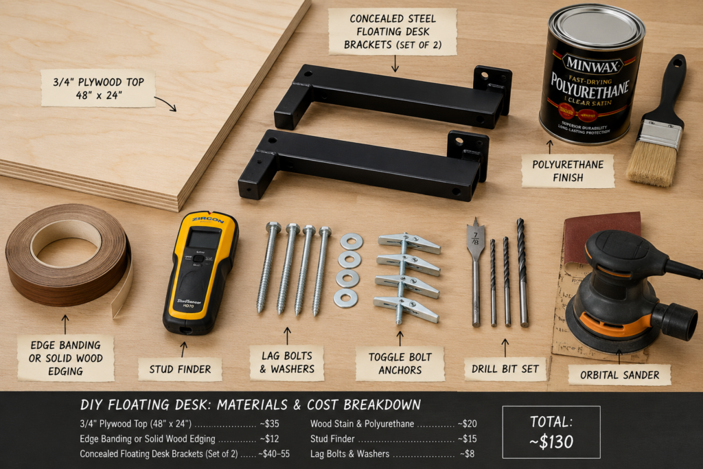 Materials and hardware needed to build a DIY floating desk