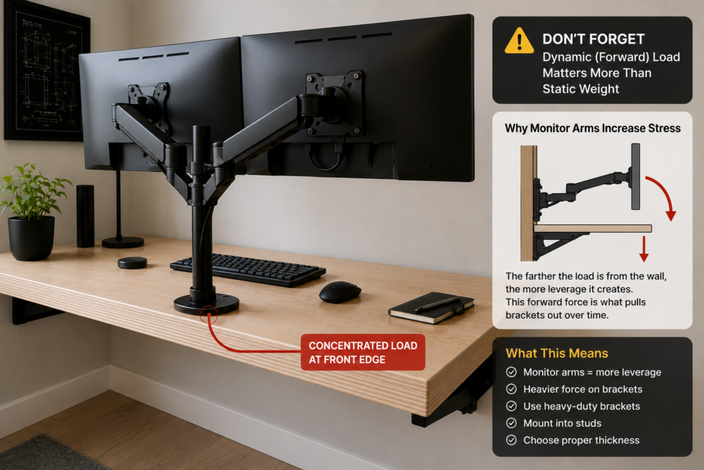 Dual monitor arm mounted to floating desk creating concentrated load near front edge