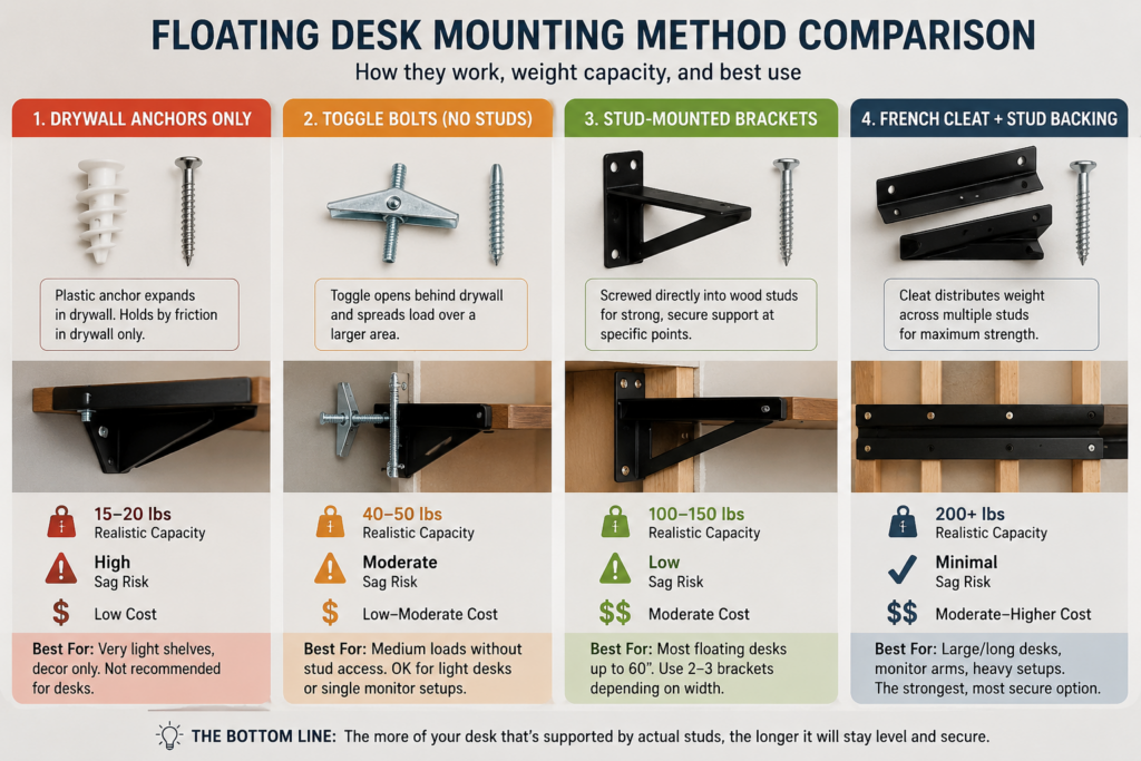 Comparison of drywall anchors toggle bolts stud brackets and French cleat mounting methods for floating desks