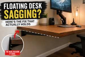 floating desk sagging at the front edge due to improper wall mounting and missing stud support
