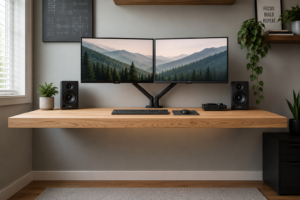How to Make a Floating Desk That Won't Sag or Pull Out Modern floating desk mounted into wall studs with hidden brackets supporting dual monitors without sagging generate