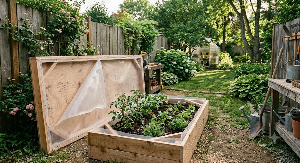 A detailed close-up shot of a newly built, rectangular raised garden bed made of untreated exterior plywood. The bed is filled with soil and young vegetable plants. Along the inner rim and side panels, a translucent, safe plastic interior liner is clearly visible, protecting the soil from the wood. A watering can sits next to it on the gravel path. In the background, the same lush garden from the original image, with pink roses on the fence, hostas, and a potting bench, is visible under warm, dappled daylight.