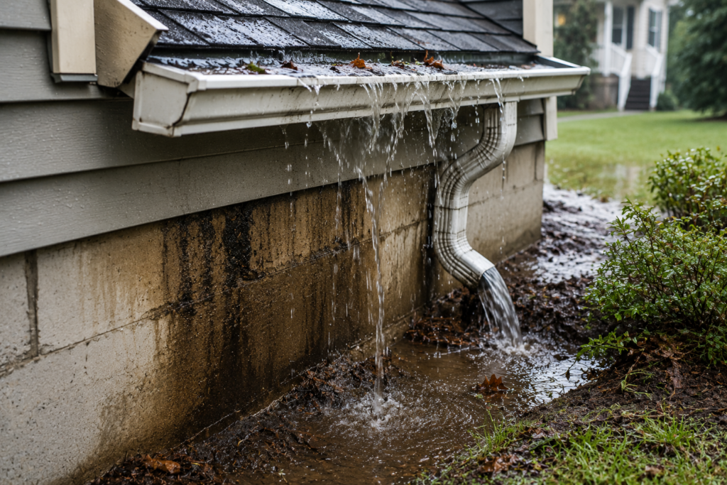 Overflowing gutter and poor grading directing water toward rim joist area