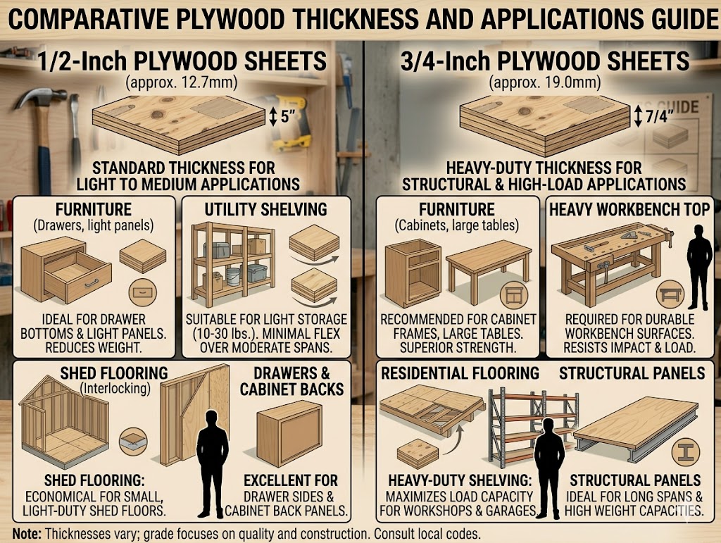 1/2 inch plywood compared to 3/4 inch plywood for structural projects