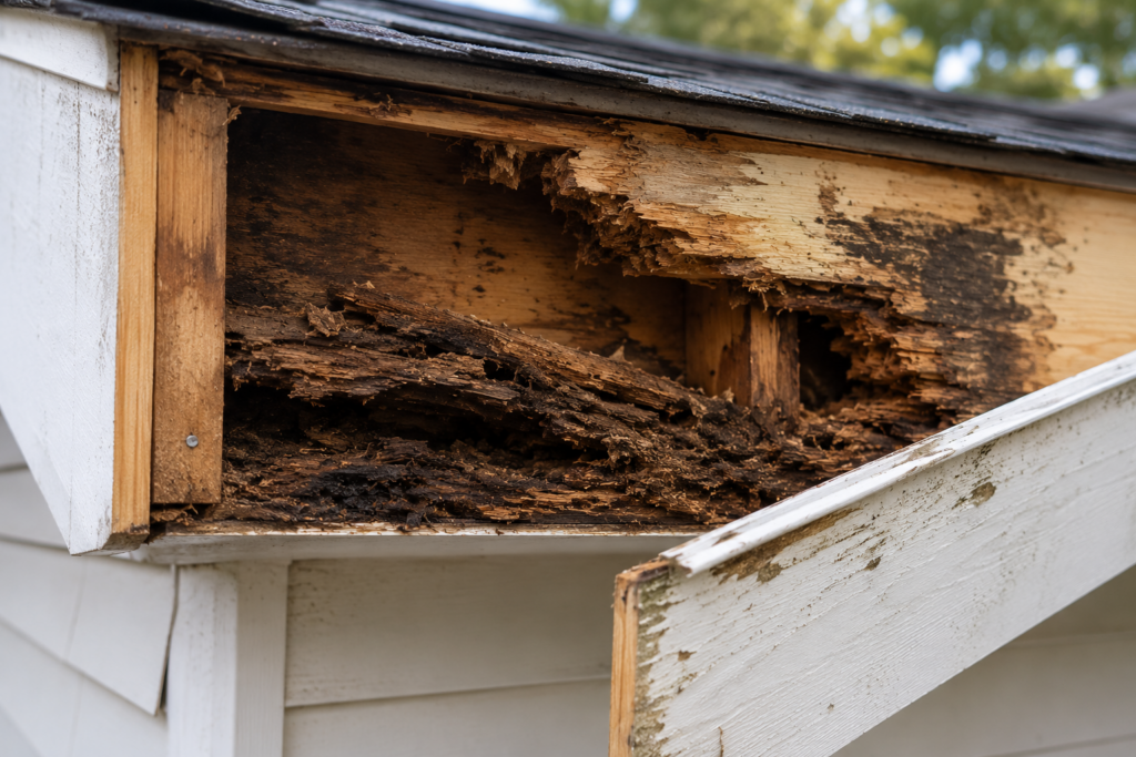 Hidden wood rot discovered behind a fascia board after removing exterior trim