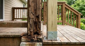 rotted porch post next to healthy wood support post