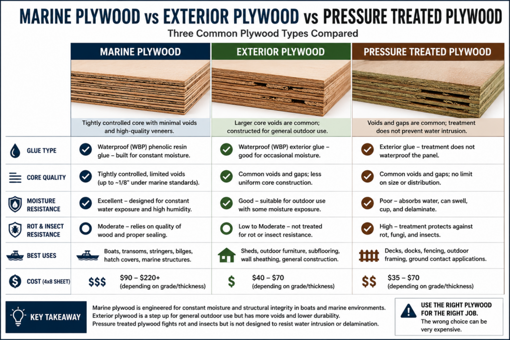 Marine plywood exterior plywood and pressure treated plywood side by side