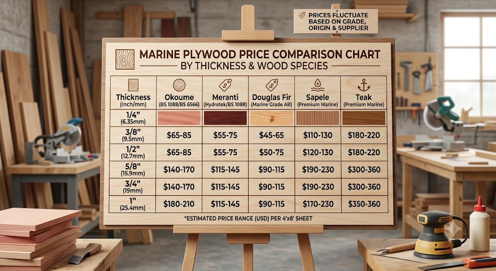 Marine plywood price comparison chart by thickness and wood species