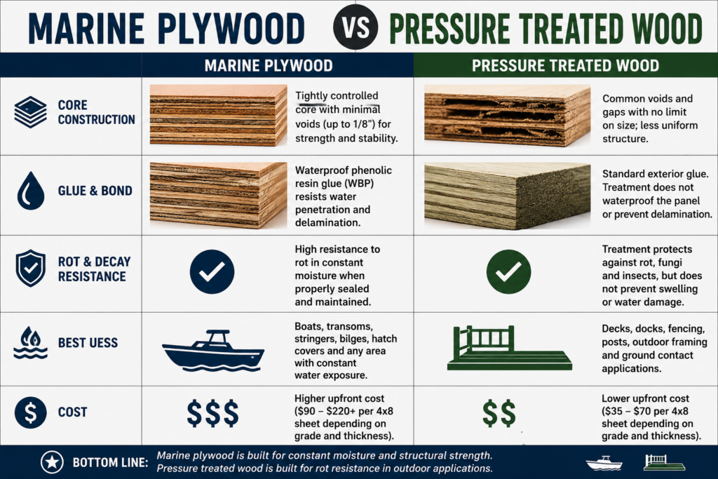 Marine plywood and pressure treated plywood comparison chart