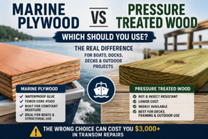 Marine Plywood vs. Pressure-Treated Wood: Which Is Better? Marine plywood and pressure treated wood side by side for boat and outdoor construction
