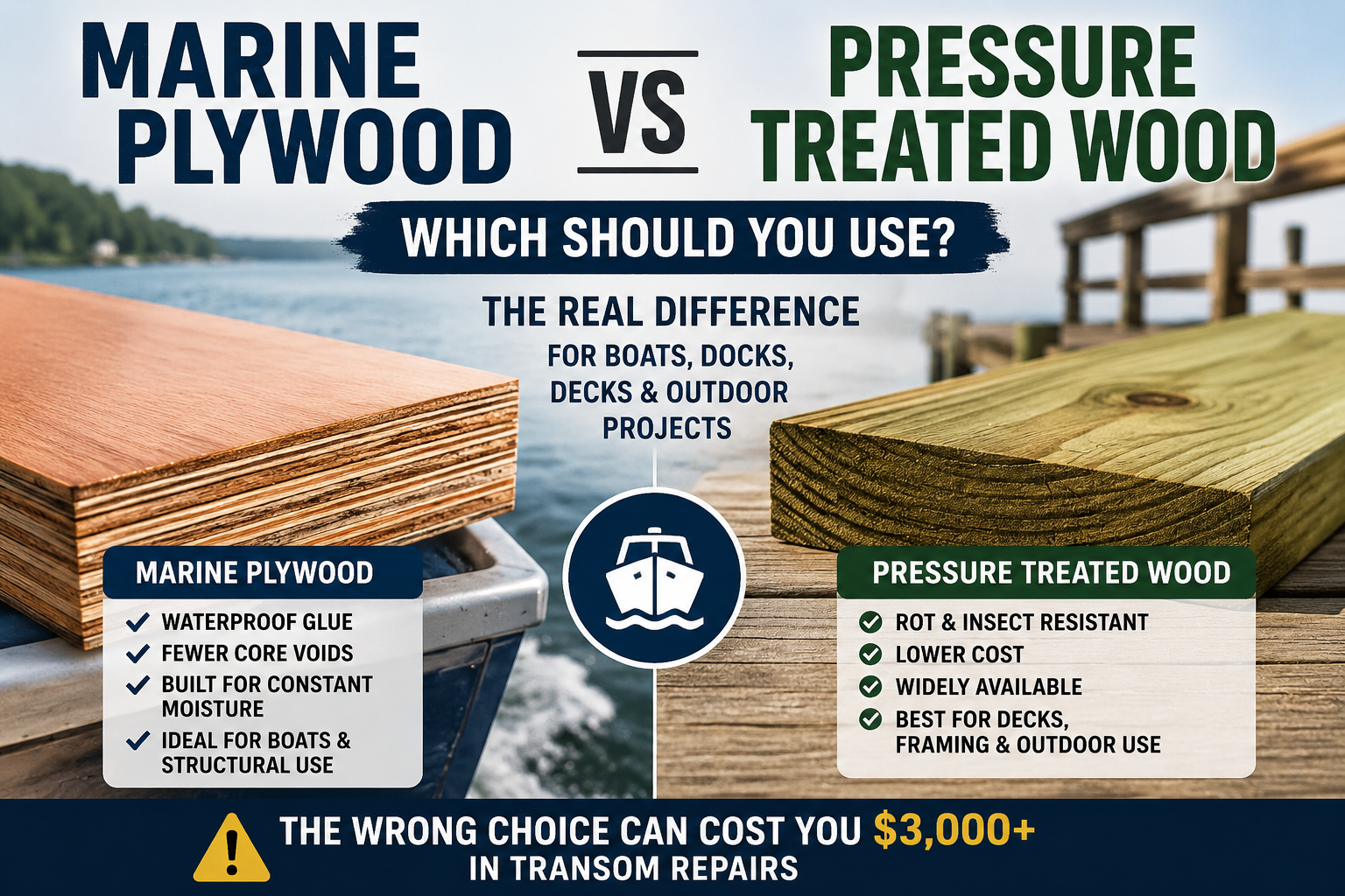 Marine plywood and pressure treated wood side by side for boat and outdoor construction