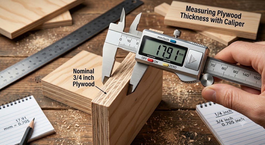 Digital caliper measuring actual plywood thickness compared to nominal size